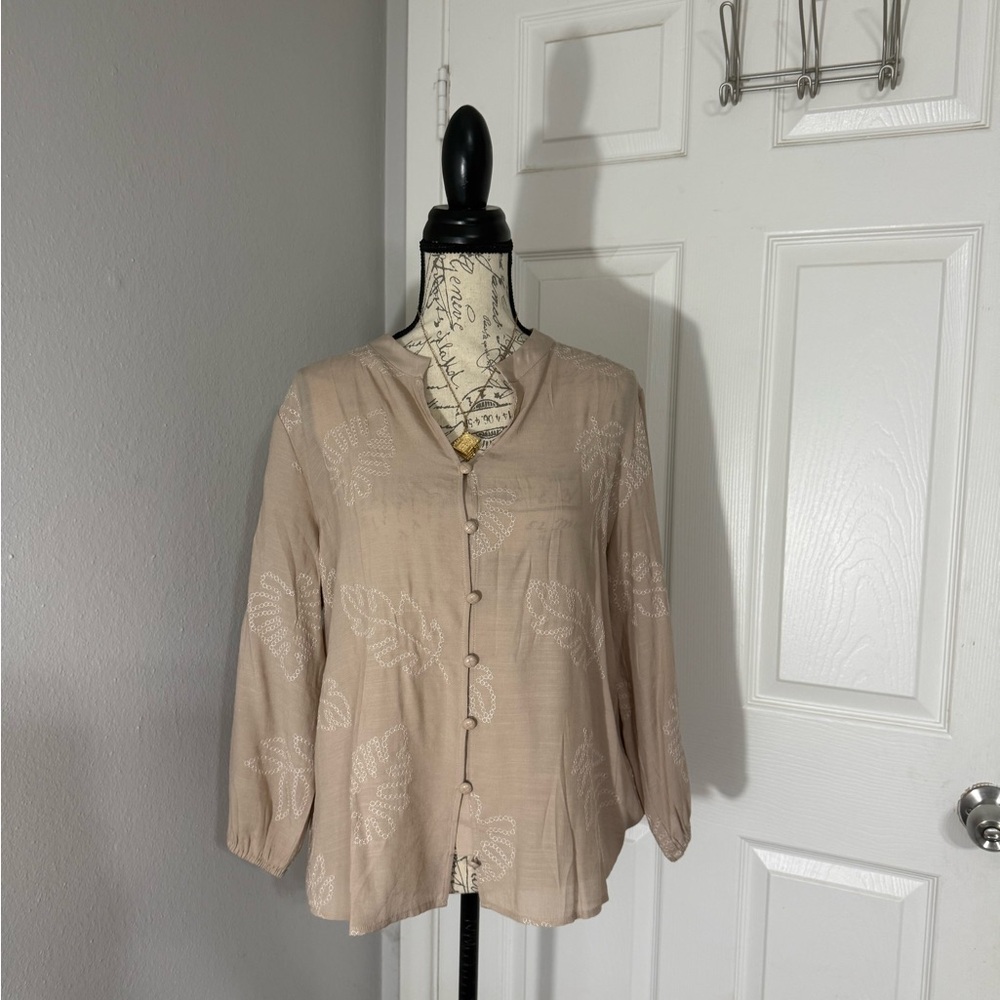 Neutral Beige Embroidered Button-Up Blouse